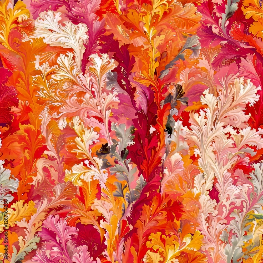 Poster this seamless pattern showcases a captivating blend of fiery orange and red hues resembling swirling
