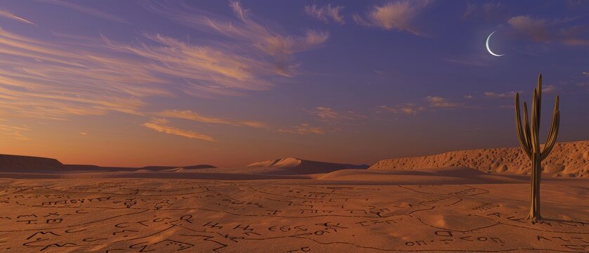 Twilight descends on dunes; a lone cactus guards sand-etched scripts of ages past under a crescent moon.