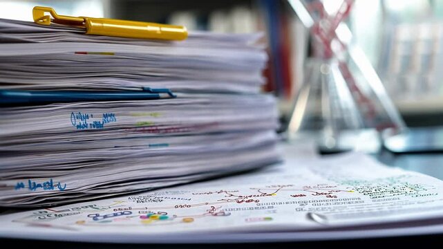 A closeup of a stack of research papers and annotated notes on a laboratory desk with highlighted sections and diagrams illustrating gene editing protocols. The disarray of intellectual