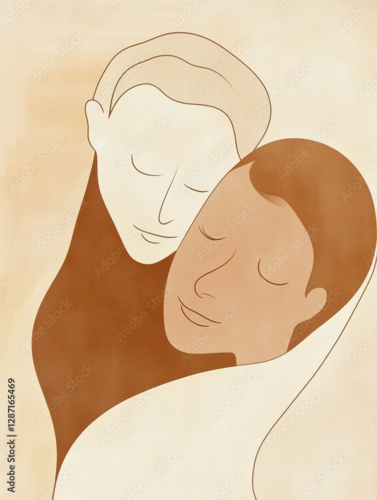 Poster minimalist illustration featuring two people embracing in a moment of connection and warmth in a ser