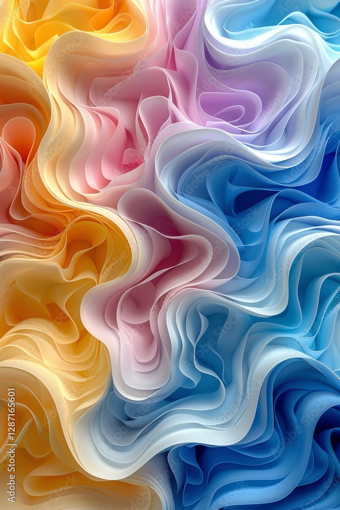 Poster curved and spiral ribbon waves create an abstract background filled with vibrant colors. the graphic