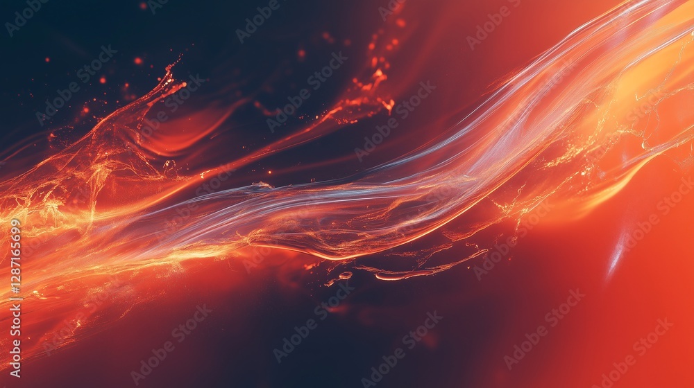 Poster abstract fluid motion with dynamic light orange and red waves on a dark background.
