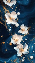 Abstract deep-blue and radiant gold liquid marble background, with vibrant white, luxurious flowers