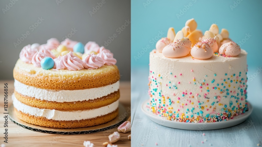 Poster stunning display of two colorful cake creations on a wooden surface with pastel decorations in a bri