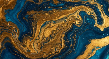 Abstract fluid art with swirling metallic gold and deep blue marble textures