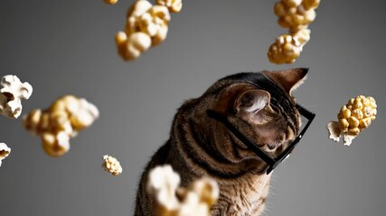 Cat wearing sunglasses surrounded by flying popcorn on a gray background. Humorous and quirky pet fashion concept