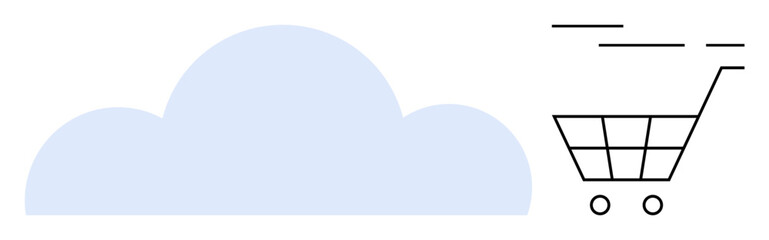 Large light blue cloud beside simple line-art shopping cart moving right. Ideal for technology, ecommerce, digital marketing, online stores, cloud storage, internet services themes. Banner