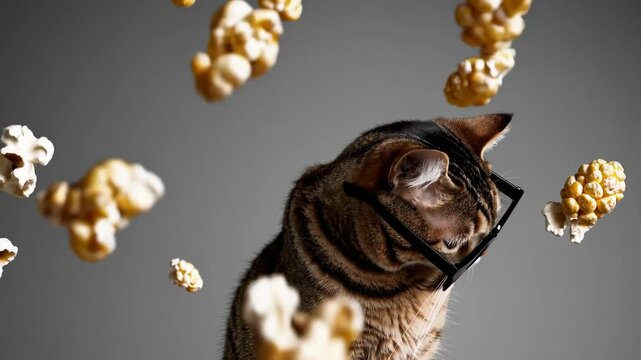 Cat wearing sunglasses surrounded by flying popcorn on a gray background. Humorous and quirky pet fashion concept