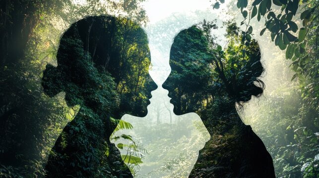 Artistic portraits in an enchanted forest nature reflections and dual perspectives