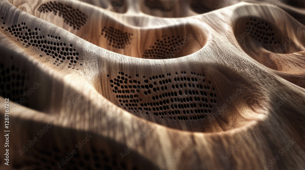 Poster close-up texture of walnut wood with open grain and varied shadows
