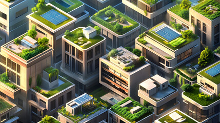 An array of eco-architecture icons highlighting the use of smart home systems, solar power, and green roofs for sustainable urban planning and development.