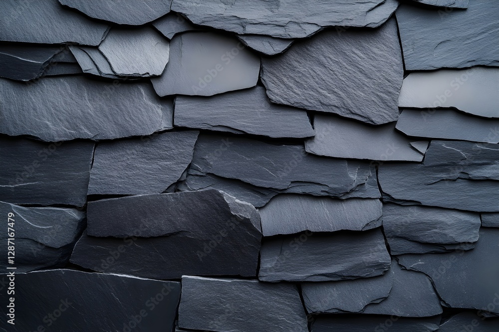 Poster natural black slate stone wall texture with rough layered surface. abstract background of dark grey 