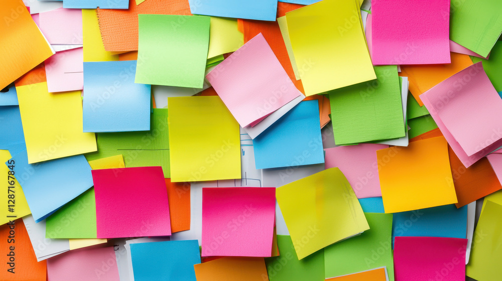 Poster colorful sticky notes scattered on surface, creating vibrant and engaging workspace