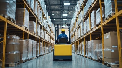 Worker driving forklift on shelves in large warehouse, back view. 