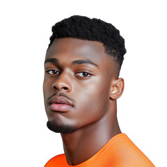 Obraz premium Portrait of a young man wearing an orange shirt with a confident and thoughtful expression on a transparent background.