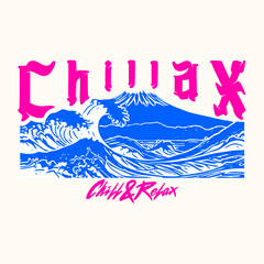 Chill and Relax  Japanese Aesthetic  Mountain With Waves and Sunset Graphic Tee Design