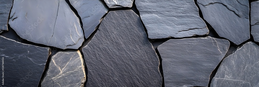 Poster natural stone wall pattern of irregular black slate pieces. dark textured surface background for int