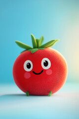 Cute smiling tomato toy on colorful background with cheerful expression and green stem, perfect for kids' playroom or nursery decor