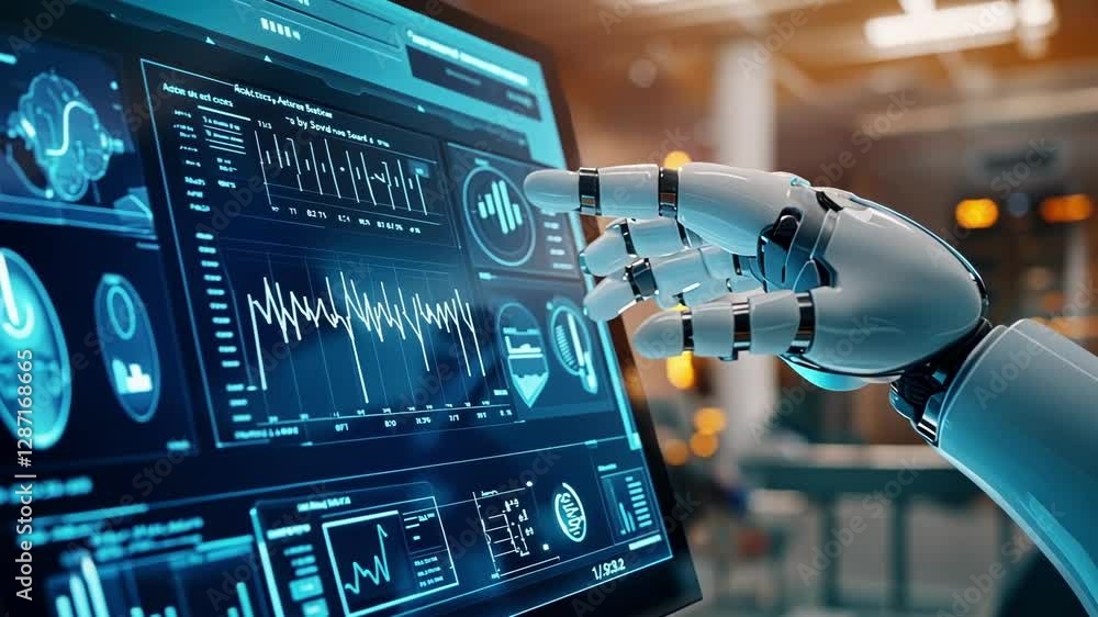 Poster robotic hand interacts with a digital interface displaying complex data and graphs, showcasing advan
