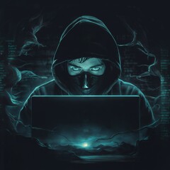 A sinister hacker sitting at a laptop, wearing a hood and a dark mask hiding the lower part of his face. There is a dark mystical world and floating program code around.