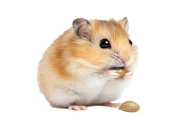 Close up of a hamster eating a seed, studio shot, transparent background. The hamster has brown and white fur