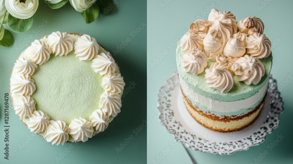 Poster delicious layered cakes with creamy frosting and decorative toppings displayed on pastel backgrounds