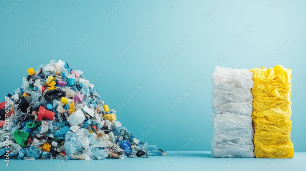 Poster visual contrast between plastic waste and environmentally friendly recycled plastic products shows i