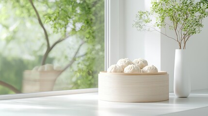 Steamed buns on windowsill, bright sunlight, green nature view, for food blogs