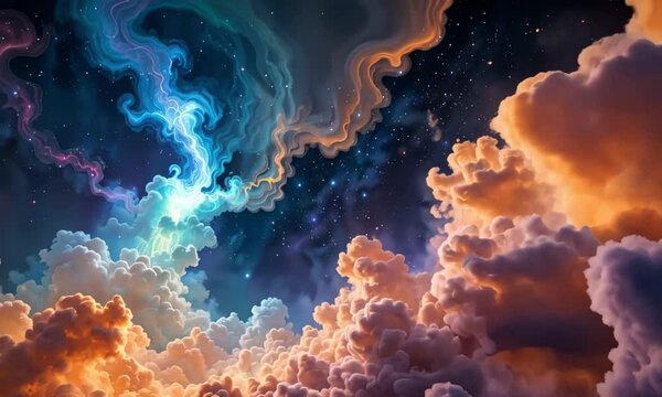 Surreal cosmic clouds with vibrant swirling nebula celestial sky and dreamy atmosphere merging fantasy and space in a mesmerizing visual scene. 