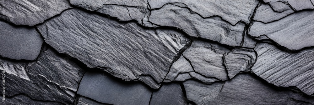 Poster black stone texture background with rough surface and natural pattern. dark slate rock wall closeup.