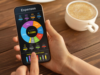 Mobile Phone App For Money, Budget And Expense Tracking concept. Unrecognizable woman checking her monthly expenses on smartphone while drinking coffee at cafe, cropped, collage