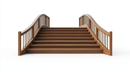 Wooden staircase on white background. Wooden steps with railings. Vector 3d illustration