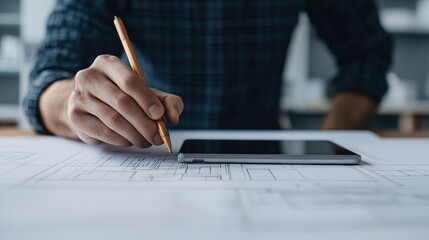 Architect analyzing blueprints in modern office space design process professional environment close-up perspective
