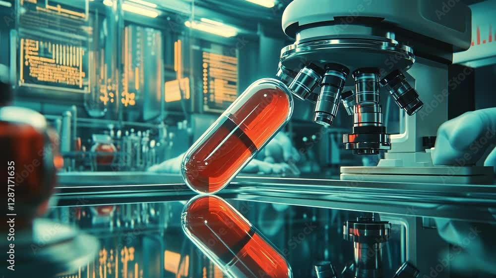 Poster high tech laboratory scene featuring a large capsule under a microscope. digital screens display dat