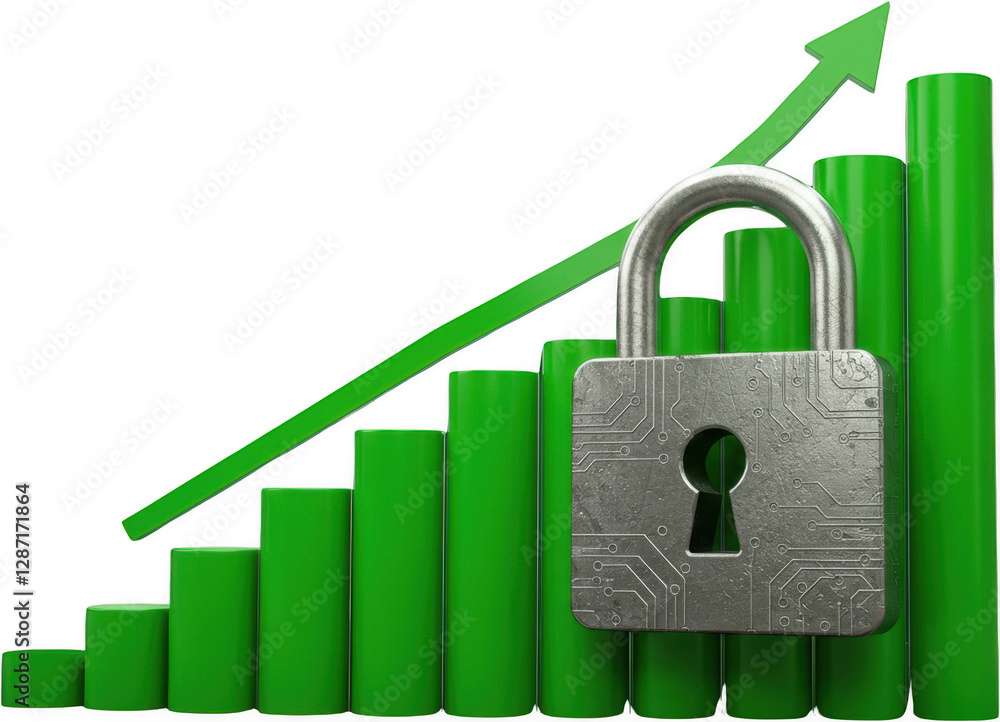 Poster secure growth padlock on ascending green bar graph data security concept