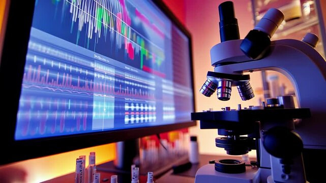 A medium closeup of a researcher examining samples under a microscope with graphs and analytical data projected onto a nearby monitor emphasizing the intersection of biology and technology