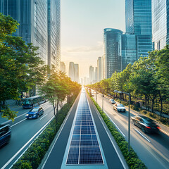 Obraz premium Concept of a sustainable smart city with eco-friendly technologies, such as solar-powered street lights, energy-efficient buildings, and electric vehicles.