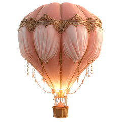 Fluffy 3D Cartoon Pink Hot Air Balloon with Gold Trimming Isolated on Transparent Background