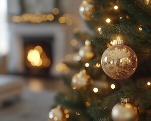 Fototapeta premium Decorating the Christmas tree with glowing AR ornament placement guide, cozy holiday living room, soft warm lighting, photorealistic