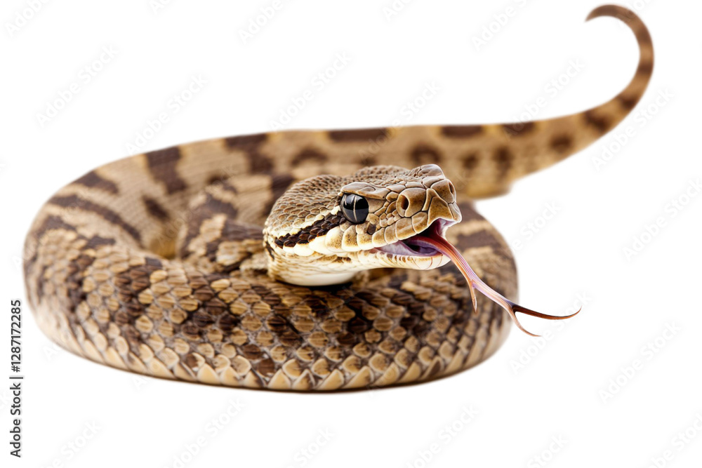 Poster close-up of coiled snake with open mouth showing forked tongue and patterned scales against a transp