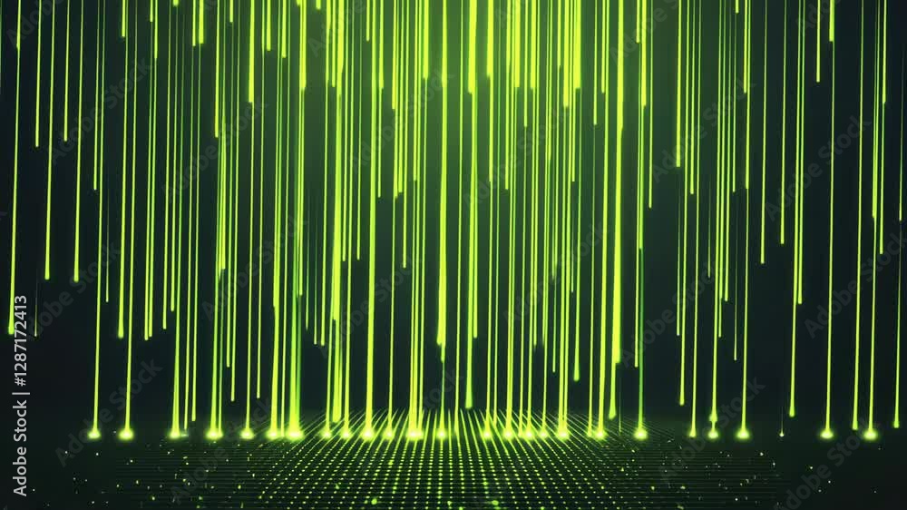 Poster digital abstract background with glowing green lines cascading vertically, creating futuristic and d