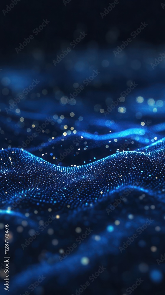 Poster glowing blue particle wave: futuristic abstract sparkling stream