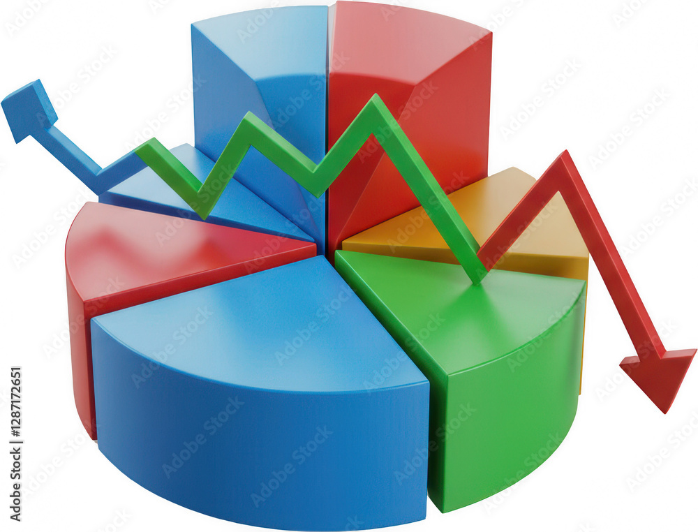 Poster 3d colorful pie chart graph showing business data analysis and market trends with rising and