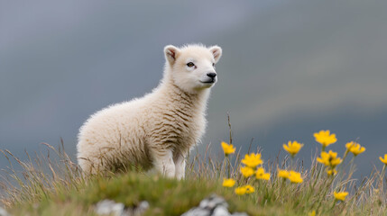 Lamb standing in highland meadow, spring flowers. Use nature calendar