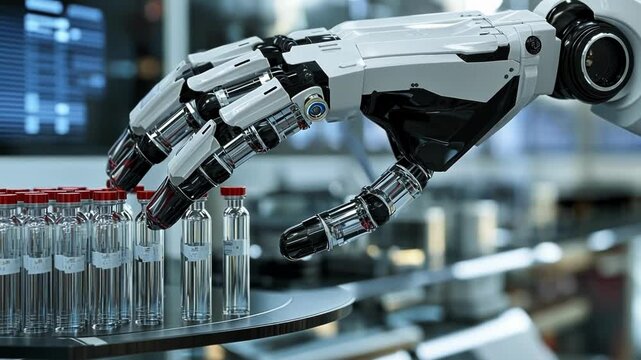A medium closeup of a robotic arm carefully administering liquid to a series of small vials within a sterile laboratory environment showcasing advanced automation in the drug formulation