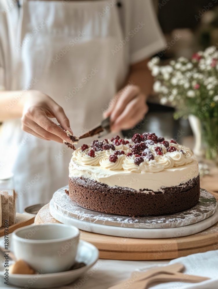 Poster baking a delicious chocolate cake with fresh berries in a cozy kitchen setting during the afternoon.