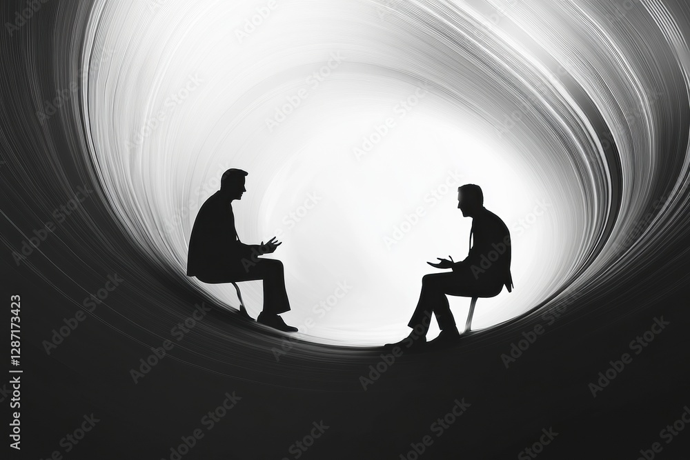 Poster two individuals engaging in a deep conversation within a swirling, abstract background during an eve