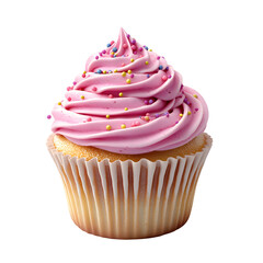A Fluffy 3D Cartoon Cupcake with Pastel Pink Frosting Isolated on Transparent Background