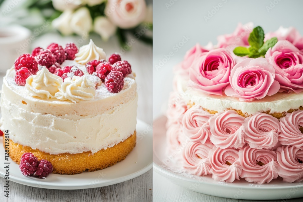 Poster two beautiful cakes decorated with raspberries and pink roses displayed on white plates in a bright 