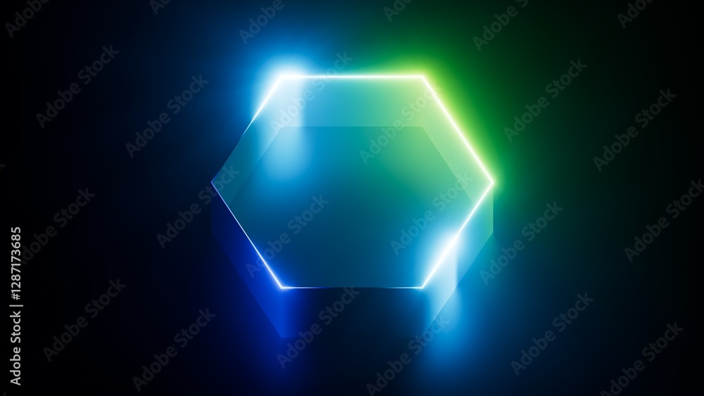 Poster 3d render. abstract geometric background. flat ribbon in the shape of a hexagon, glowing with bright